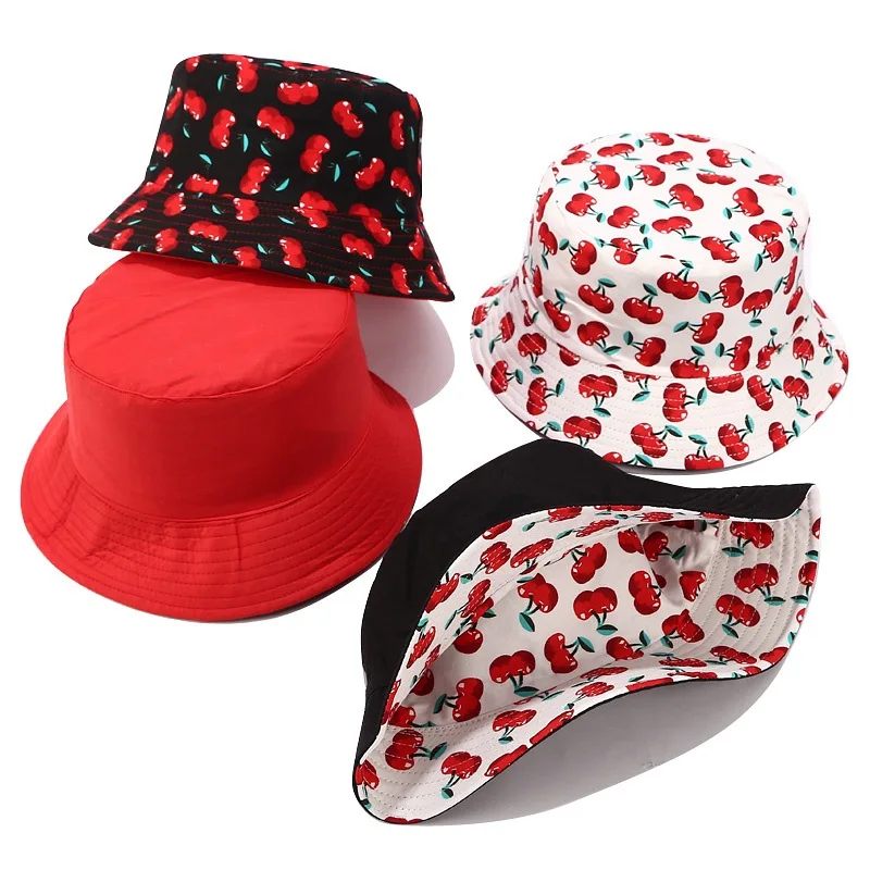 

2020 Cherry Printing Panama Bucket Hat Women Double Sided Wear Fisherman Bucket Cap Cotton Summer Reversible Flat Top Basin Hat