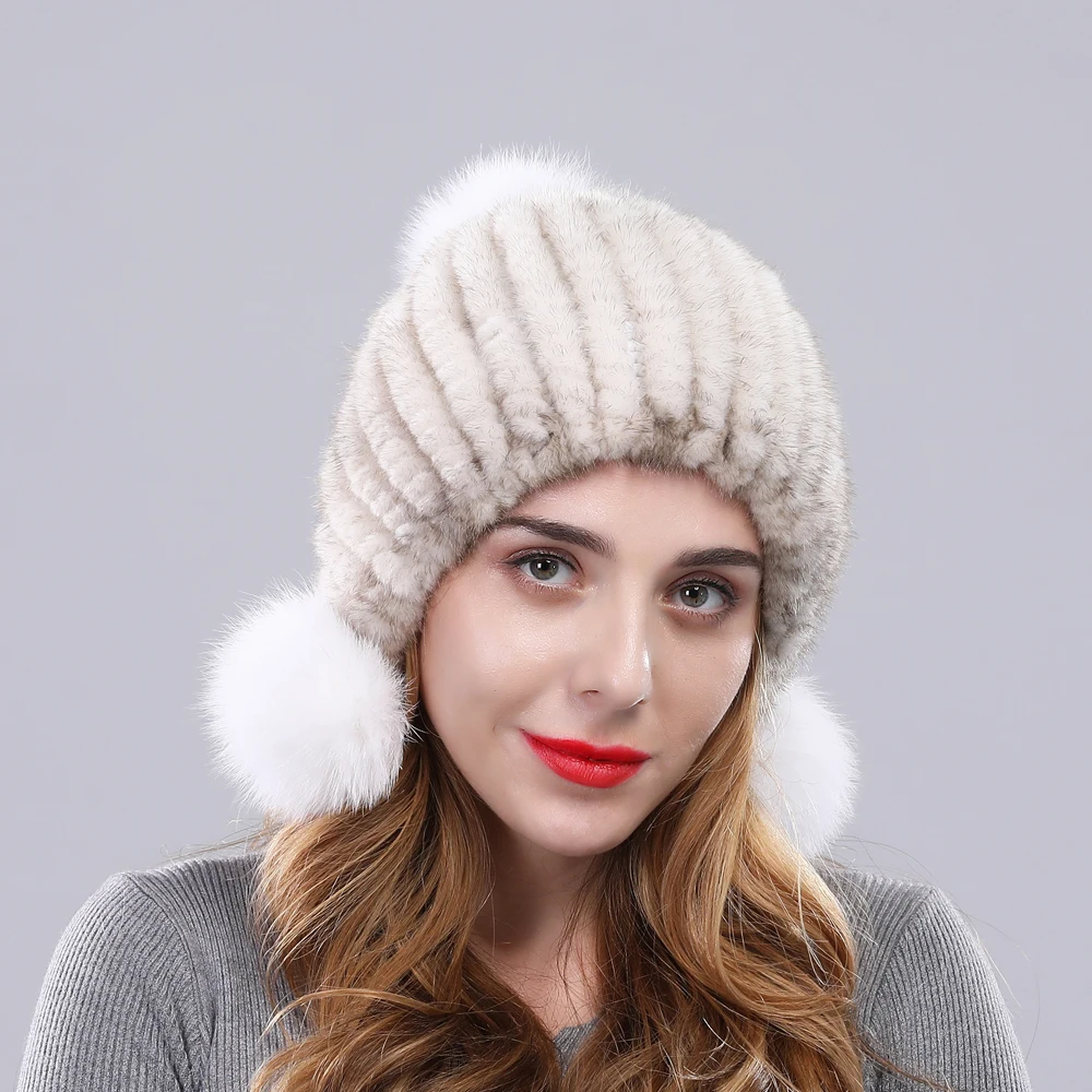 Зимняя женская шапка из натурального меха норки лисы помпонами теплая с ушами
