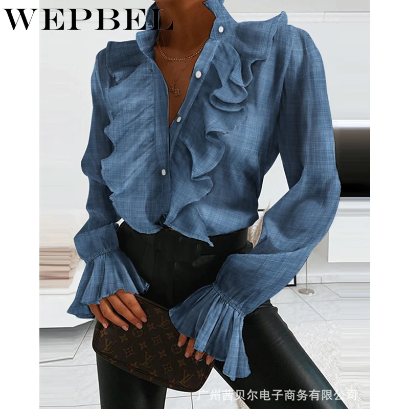 

Mandylandy Women Autumn Spring Elegant Ruffles Denim Shirt Top Casual Lady Long Ruffles Sleeve Single Breasted T-shirt Top