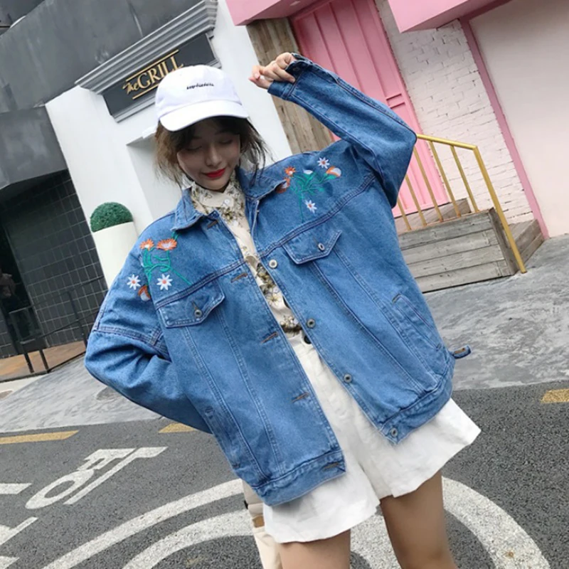 Куртка женская джинсовая с вышивкой свободная верхняя одежда из денима длинным