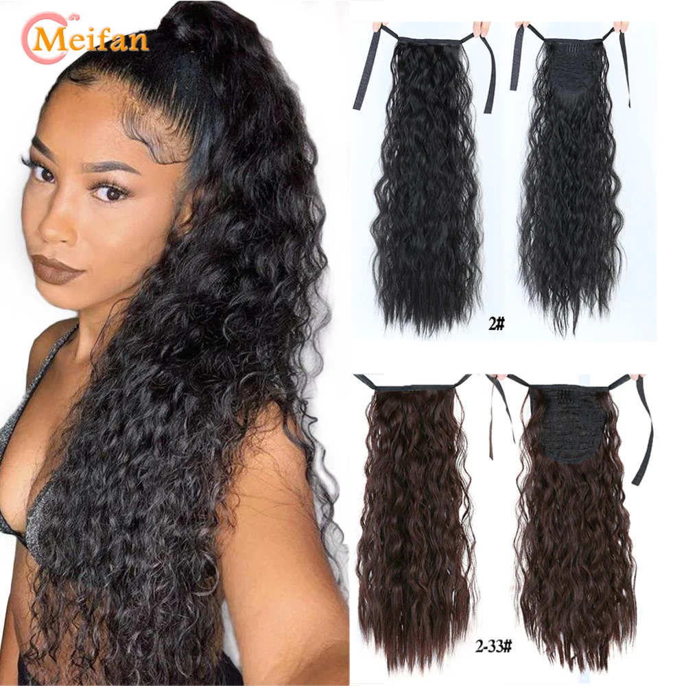MEIFAN Long Corn Curly Ponytail Synthetic Hair Pieces Ribbon Drawstring Clip on Ponytail Hair Extensions False Hair Pieces