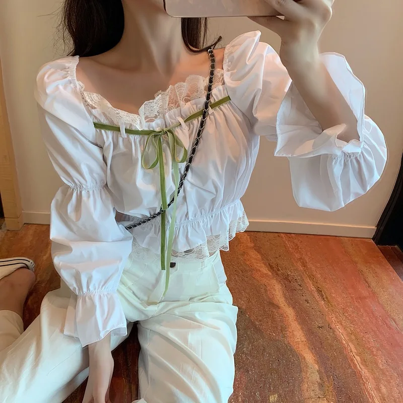 

lace patchwork puff sleeve slash neck lace up elastic ruffles Women's Clothing womens tops blouses Spring crop top white shirts