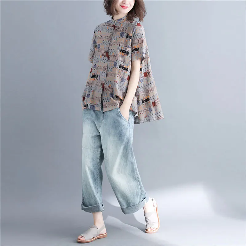 

DIMANAF 2021 Oversize Women Blouse Shirts Linen Short Sleeve Pattern Print Tops Casual Vintage Summer Style Female Basic Shirts
