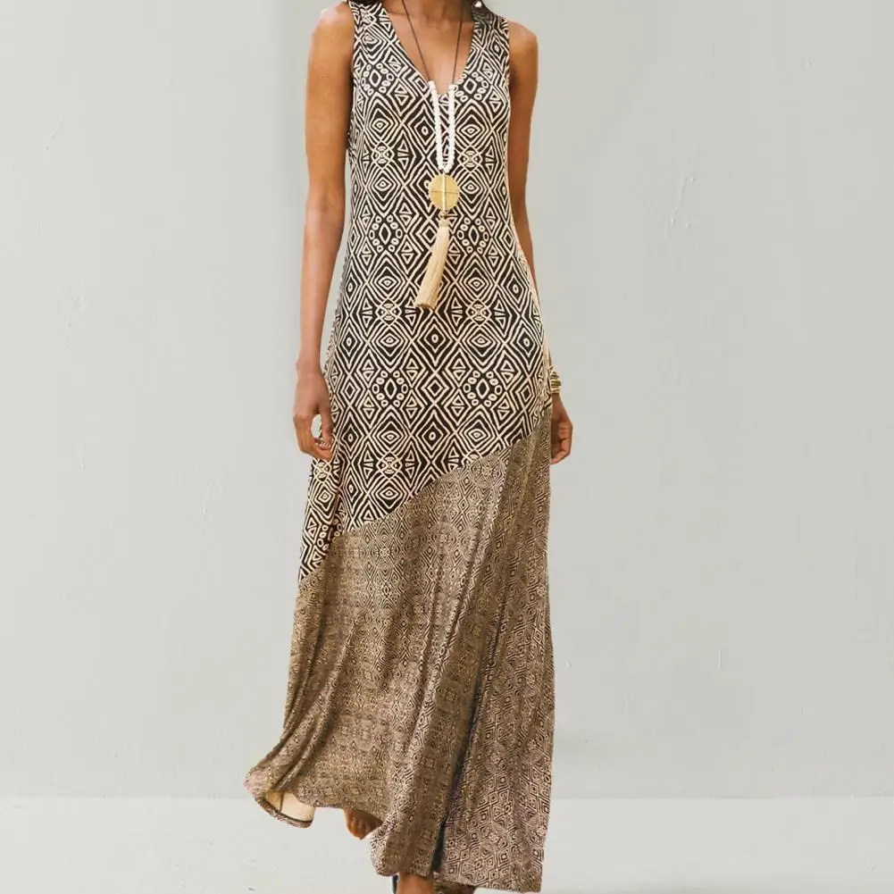 

Plus Size Women Loose Sexy Vintage Geometric Print V Neck Sleeveless Dress Sleeveless Casual Beach Maxi Dresses robe femme