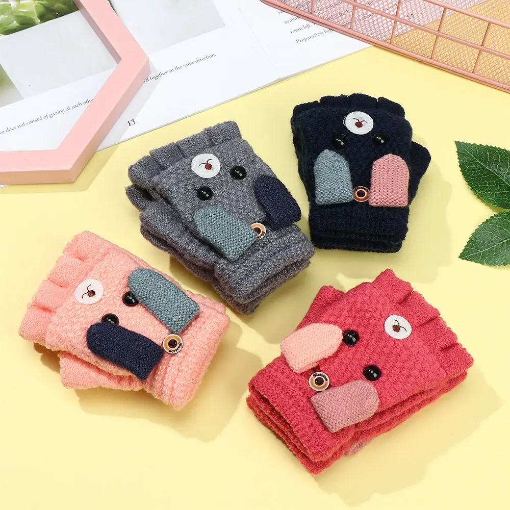 

Winter Cute Boys Girls Baby Knitted Mittens Kids Gloves Half Finger Flip Cover Thick WarmFor 5-12 Years Old
