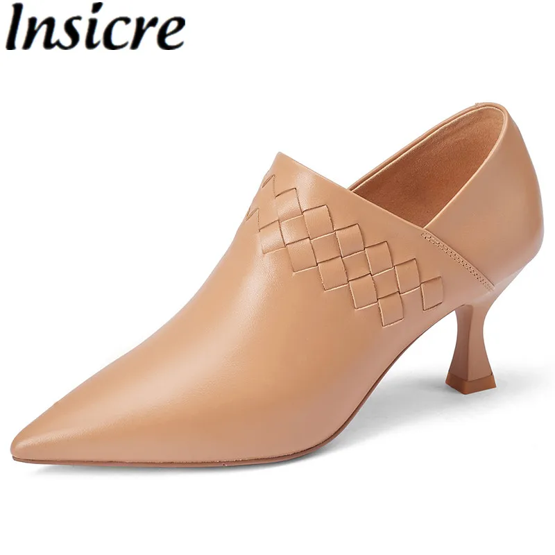 

Insicre Full Genuine Leather Pointed Toe Women Pumps Weave Size 31 Khaki 2021 Autumn Shoes Thin High Heels Office Cow Leather