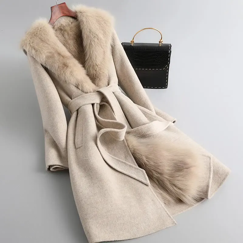 

High-end Double-sided 100% Cashmere Coat Women Long Thick 2021 Winter New Hooded Fox Fur Collar Rabbit Fur Liner Wool Overcoat