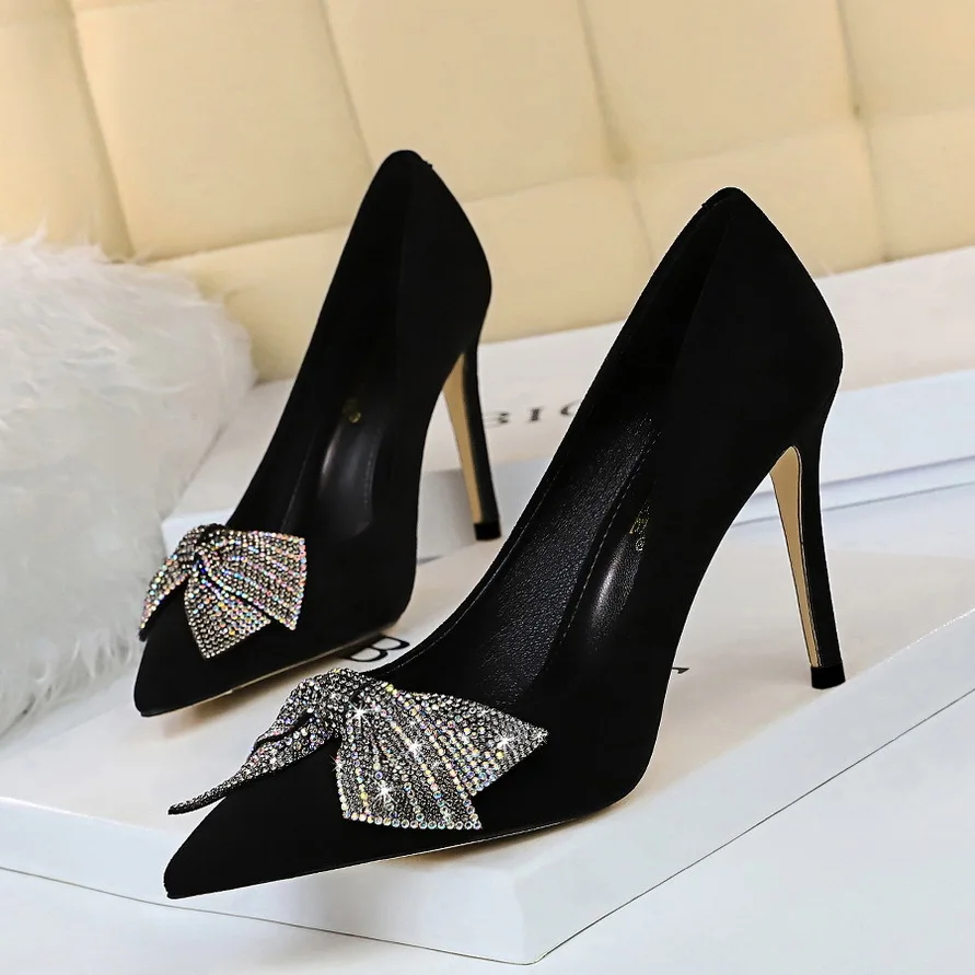 

Fashion Sexy Thin Heels Shoes Rhinestone Bow High-heeled Shoes Suede Flock Pointed Shallow Single Pumps European G825-10