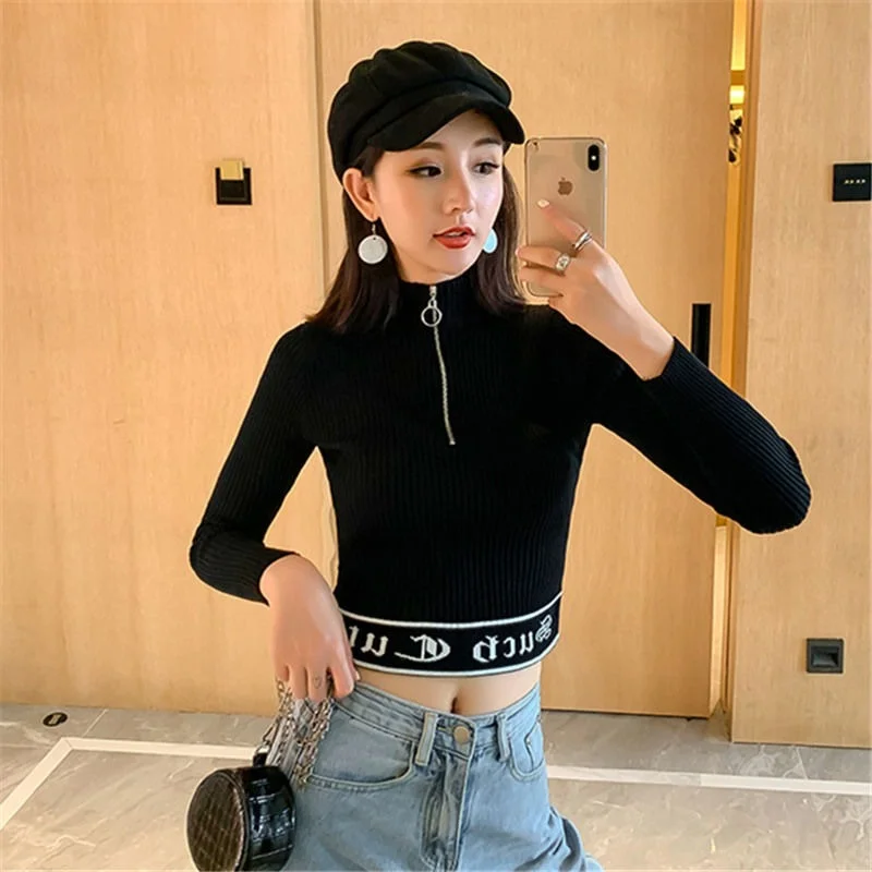 

Женские пуловеры, свитер, осенне-зимний вязаный свитер с воротником «хомут», женские топы, короткий облегающий свитер с длинным рукавом для ...