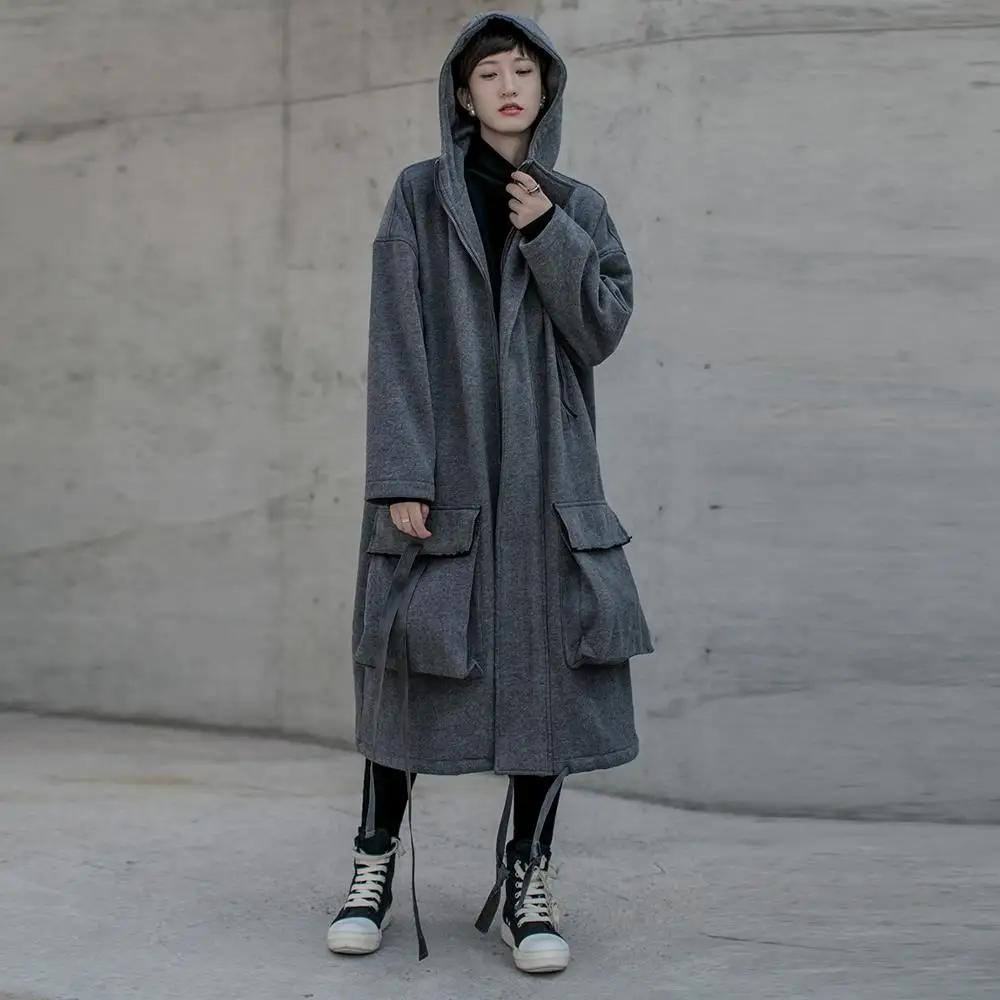 New 2019 Women Winter Korean Fashion Gray Hooded Trench Coat With Big Pocket Lady Unique Plus Long Jacket Windbreaker L1207C-49 |