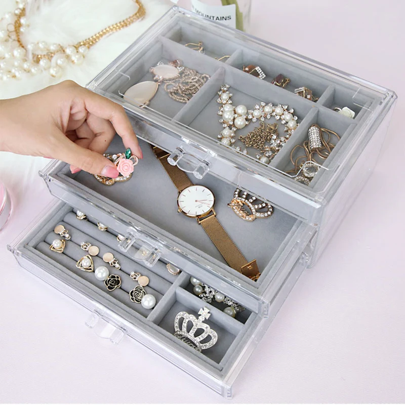 

Jewelry Storage Box Cosmetic Organizer Jewelry Organizer Velvet Earring Storage Case Necklace Watch Drawer Acrylic Removable