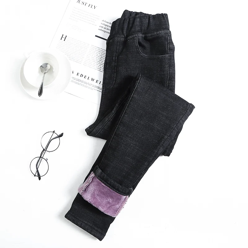 

Plus Size High Waist Jean Pants 2020 Women Winter Warm Jeans Thickening Fleeces Skinny Pencil Pants Candy Color Trousers P9522