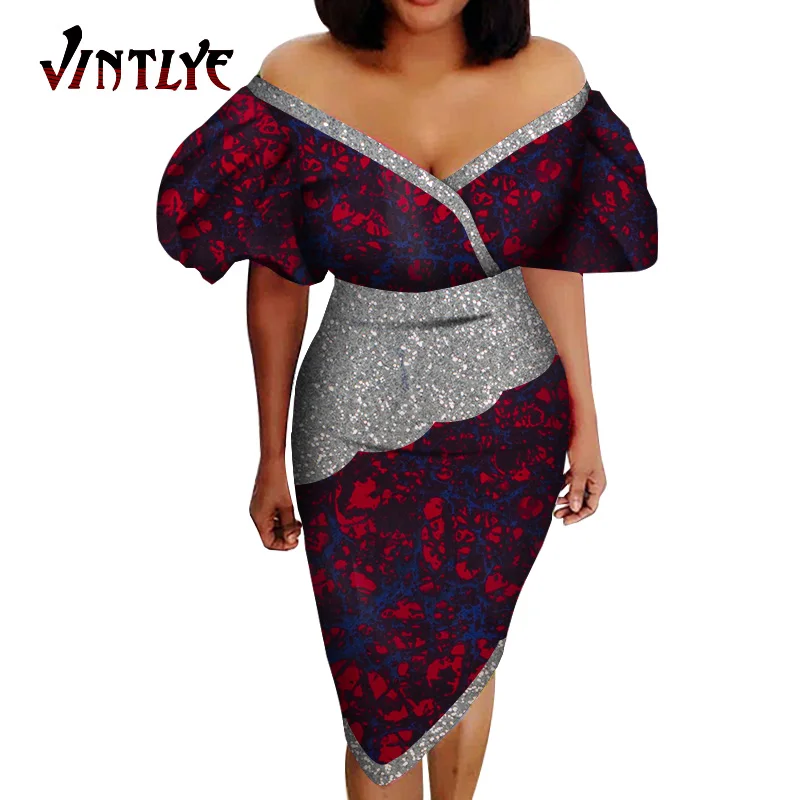 

Elegant African Print Dresses for Women Bazin Riche Sexy Patchwork Lady's Dress Dashiki Party Gowns African Clothing WY5503