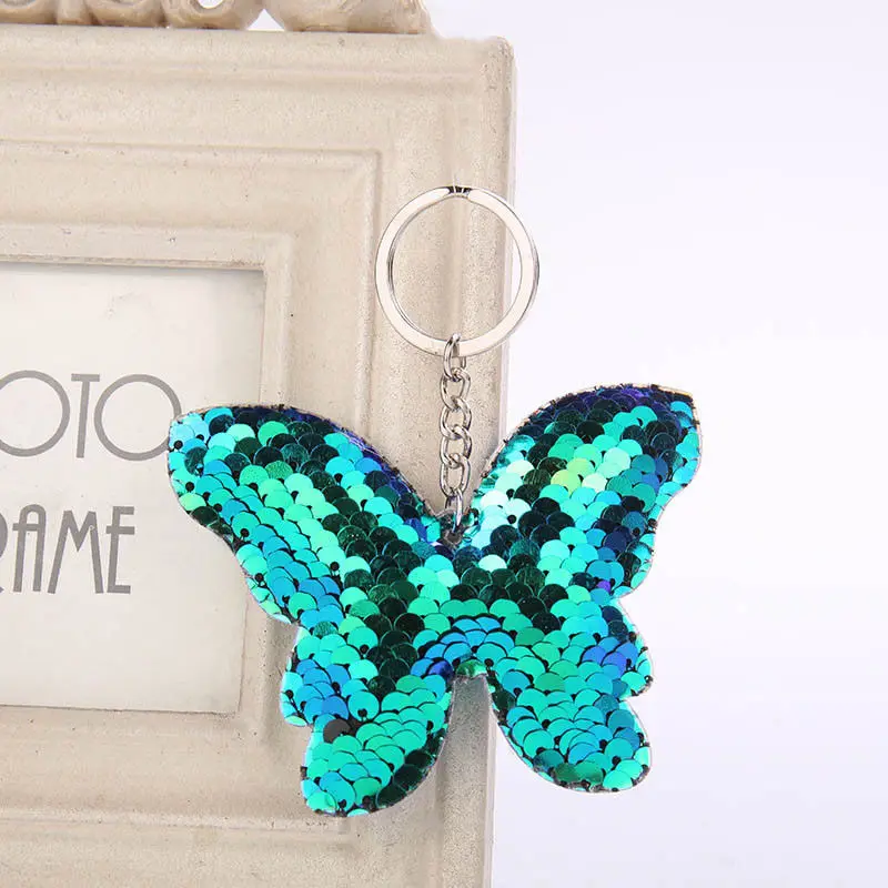 Blue Butterfly Блестящее блестящее кольцо для ключей с русалочкой и единорогом, подвесная Елочная игрушка с сердечком, мягкий брелок для ключей, сумка для автомобиля, подвесной брелок - Цвет: Blue Butterfly