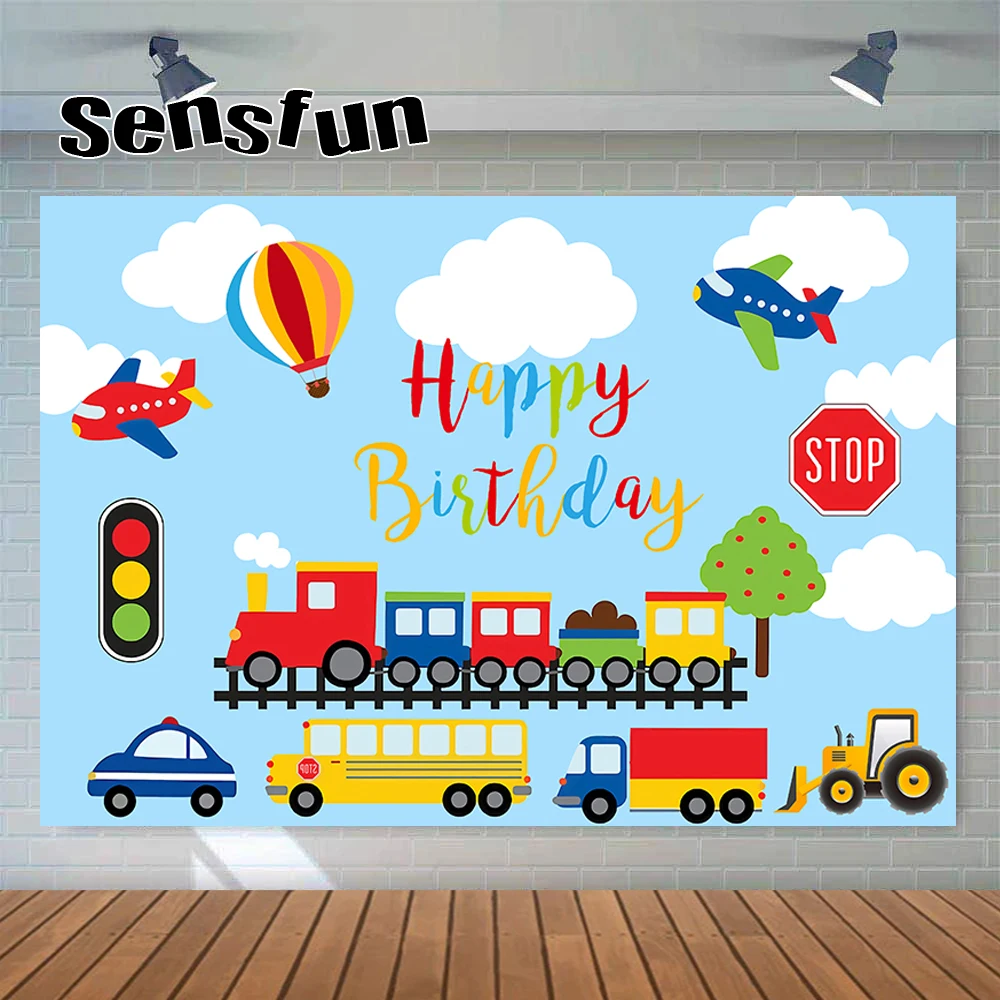 

Декорации для фотостудии Sensfun с изображением голубого неба облаков автомобилей поездов мальчиков на 1-й день рождения