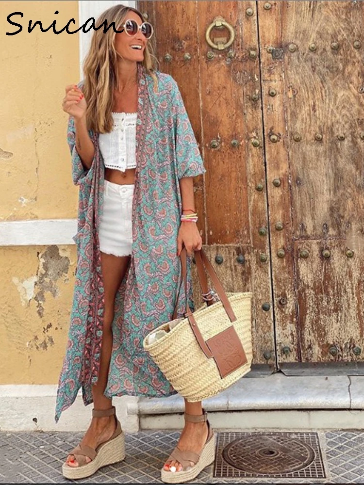 Богемное кимино платье Snican с цветочным принтом повседневные длинные платья