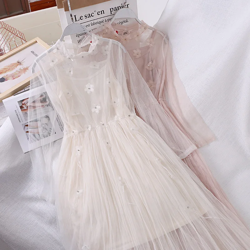 

Women Long Sleeve Lace Flower Rhinestone Tassels Mesh Gauze Voile Pleated Ruffles Dress Vintage Elastic Slim Pullover Midi Dress