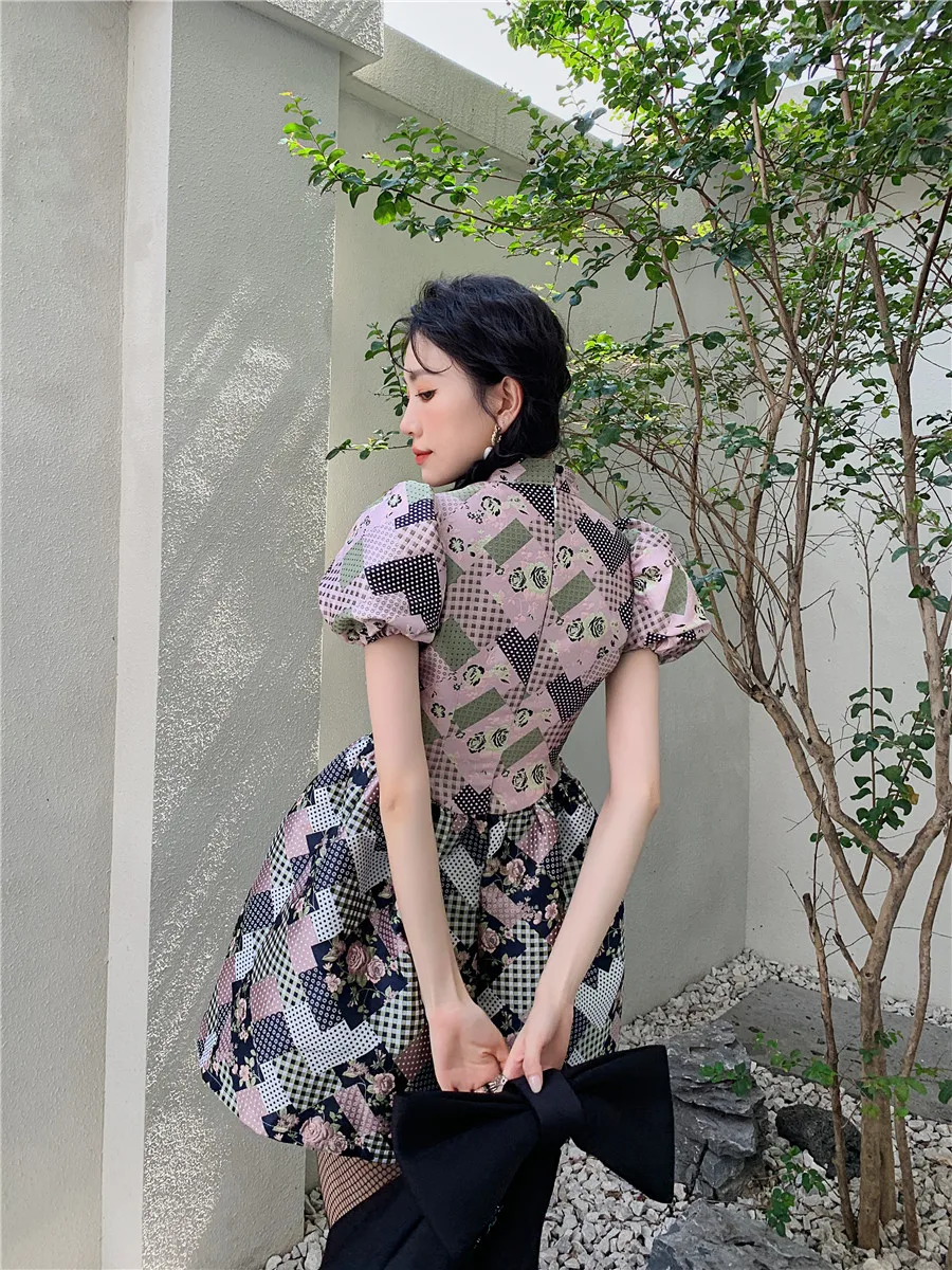 

CHEERART Vintage Designer Bow Puff Sleeve Kawaii Princess Dress Women Brocade Satin Ball Gown Floral Dress Summer Gothic Clothes
