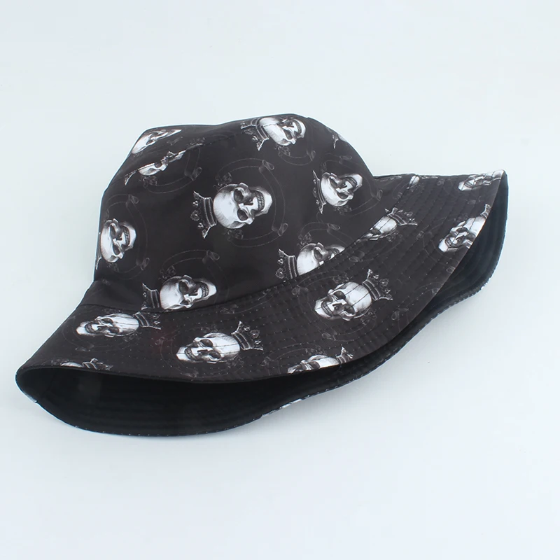 

Fashion Skull Print Black Bucket Hat Women Women Harajuku Hip Hop Bucket Cap Double Side Fisherman Hat Fishing Beach Sun Hats