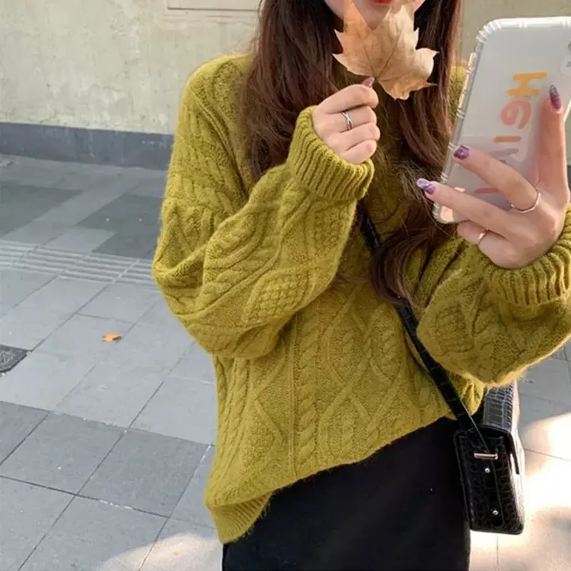 

Женский свитер с длинным рукавом, однотонный Повседневный свободный винтажный пуловер, корейский стиль, верхняя одежда на осень-зиму 2021