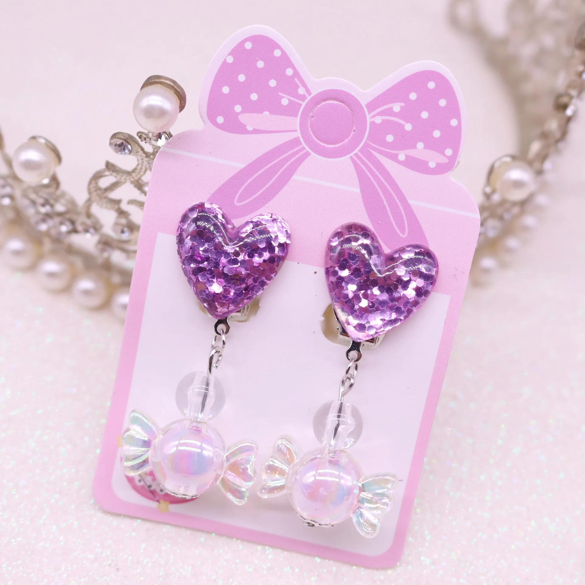 

No Pierced Bling Heart Acrylic Earrings Small Cute Candy Bow Knot Clip On Earrings for Girls Kids Children Birthday Earrings