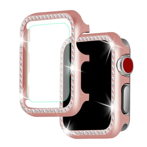 rose pink Чехол со стразами+ стекло для apple watch 5 4 3 apple watch band case 44 мм/40 мм iwatch band 42 мм/38 мм защитный чехол с кристаллами - Цвет: rose pink