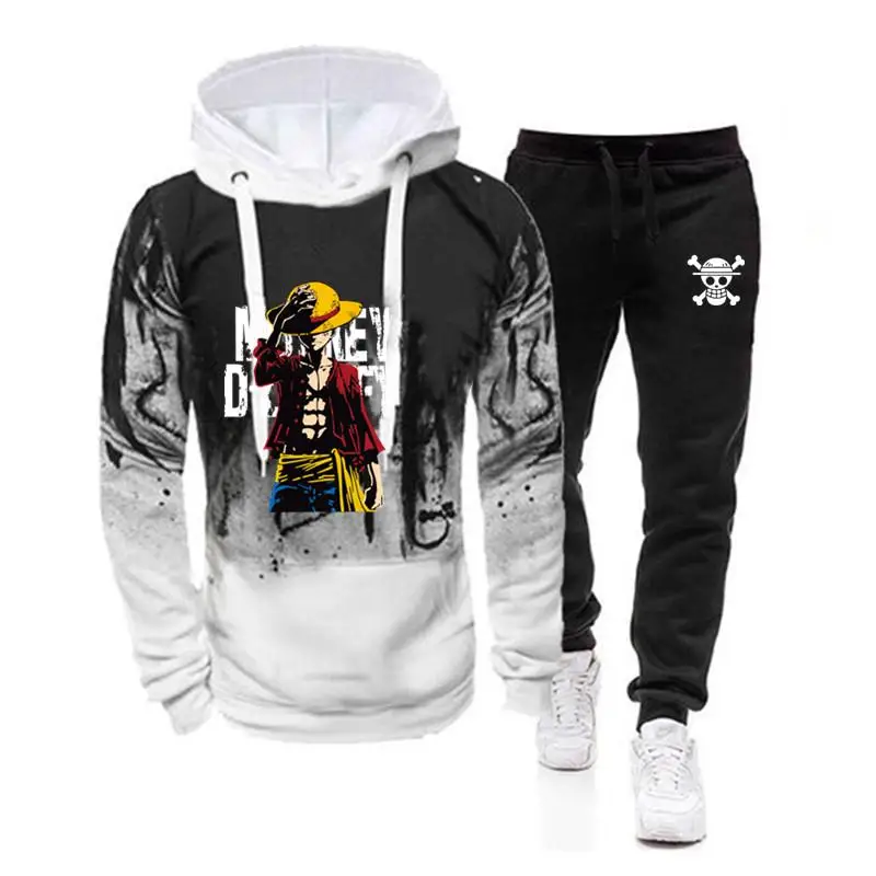 

New Luffy Two Pieces Hoodie Set Japan Funny Hooded Men Casual Cotton Fall Winter Warm Fashion Sweatshirts Men's Casual Tracksuit