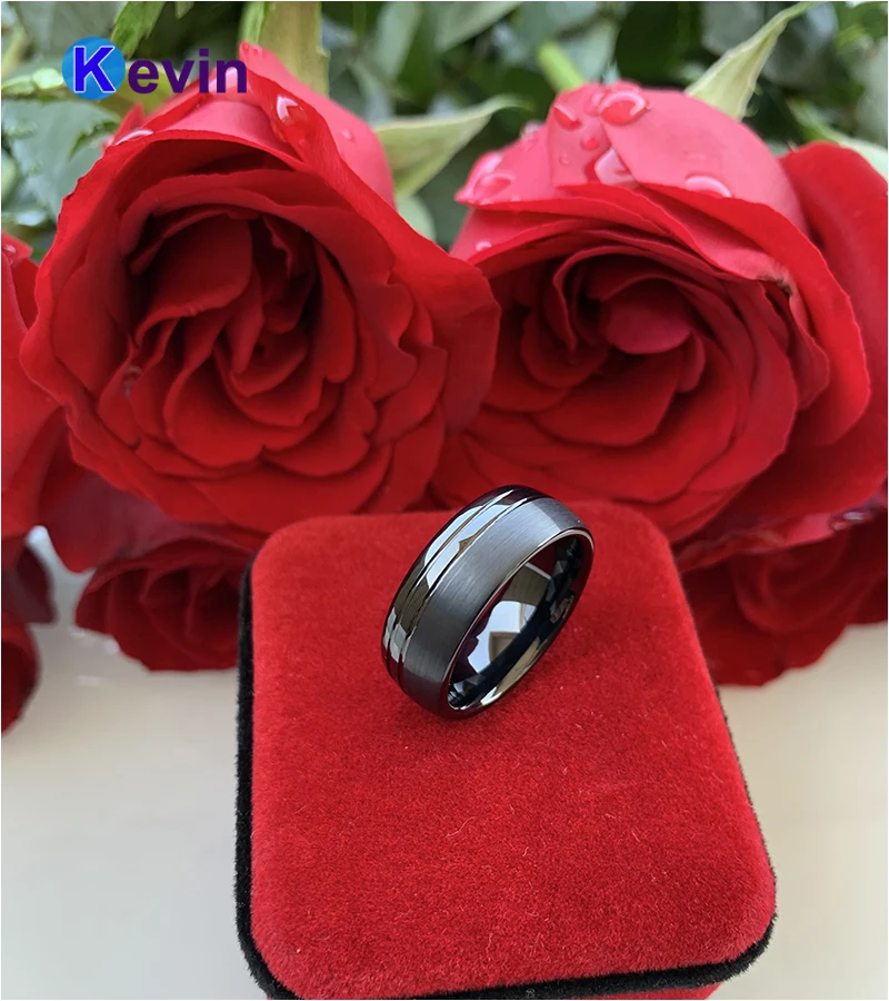 Мужское обручальное кольцо черное из карбида вольфрама с двойным офсетным пазом