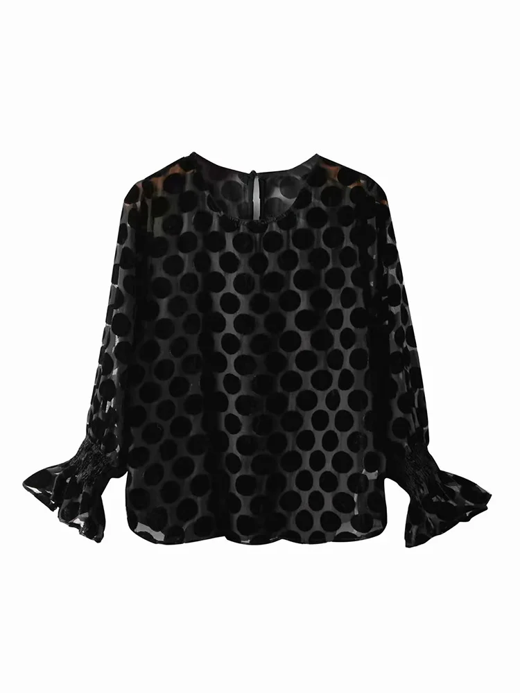 Женская бархатная блузка в горошек с длинным рукавом и круглым вырезом | одежда