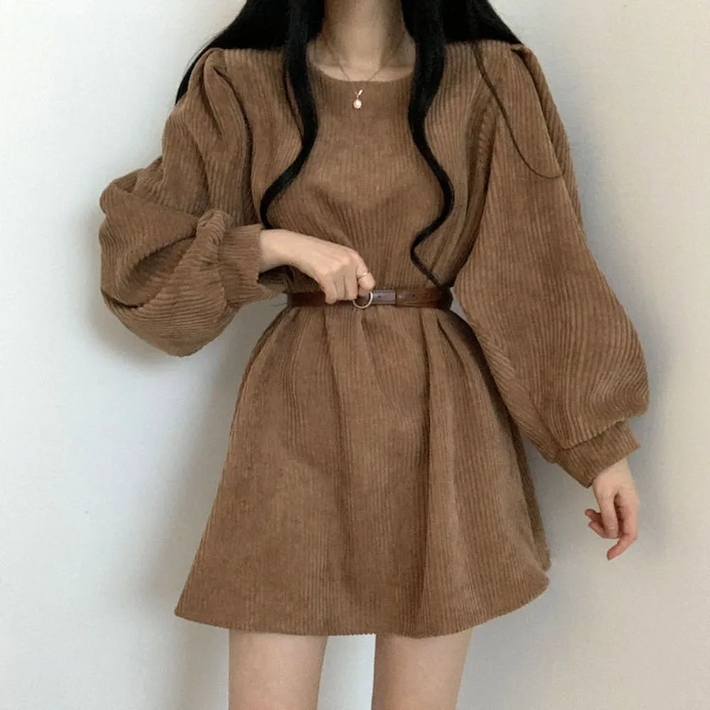 

Korean Minimalism Fashion Women Dress Solid Loose Tuck Waist Long Sleeve Warm Dress With Belt Fall Clothes For Women