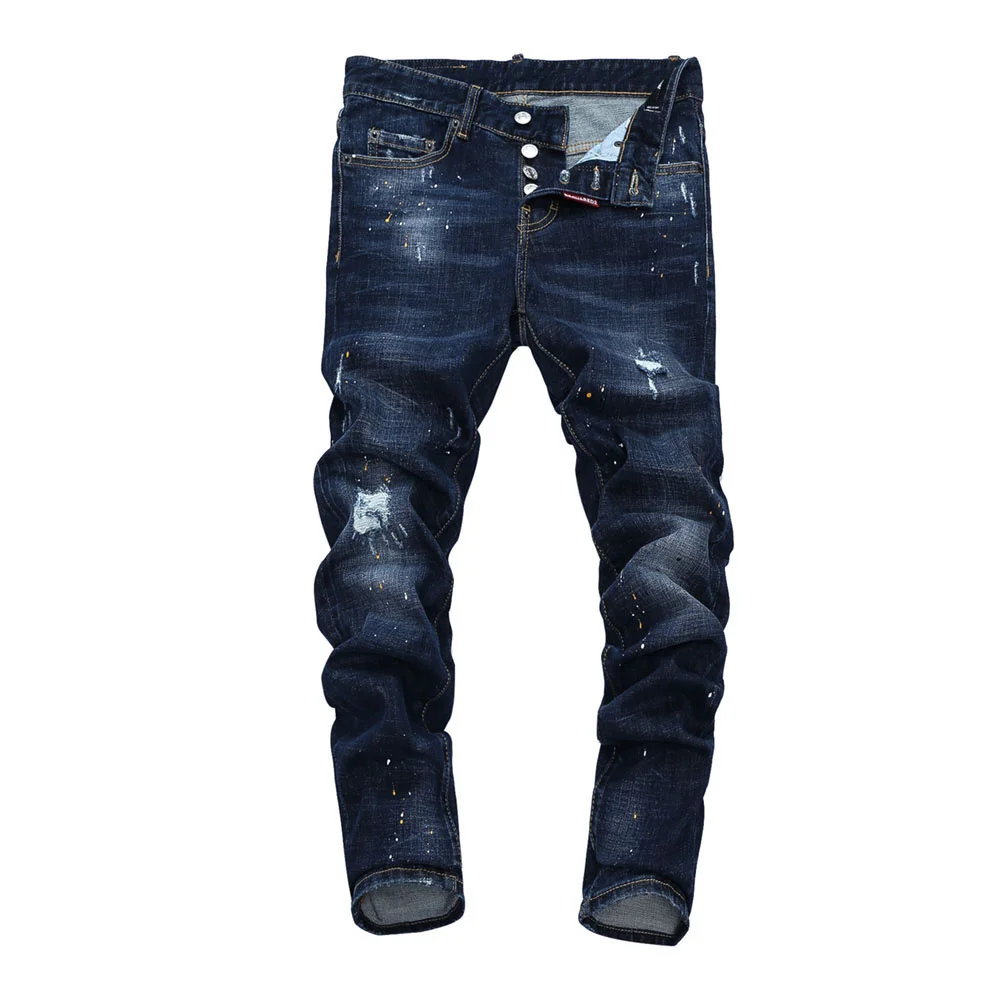 

European Style dsq slim jeans men dsq brand jeans Men straight denim trousers Patchwork Slim blue hole button jeans pant for men