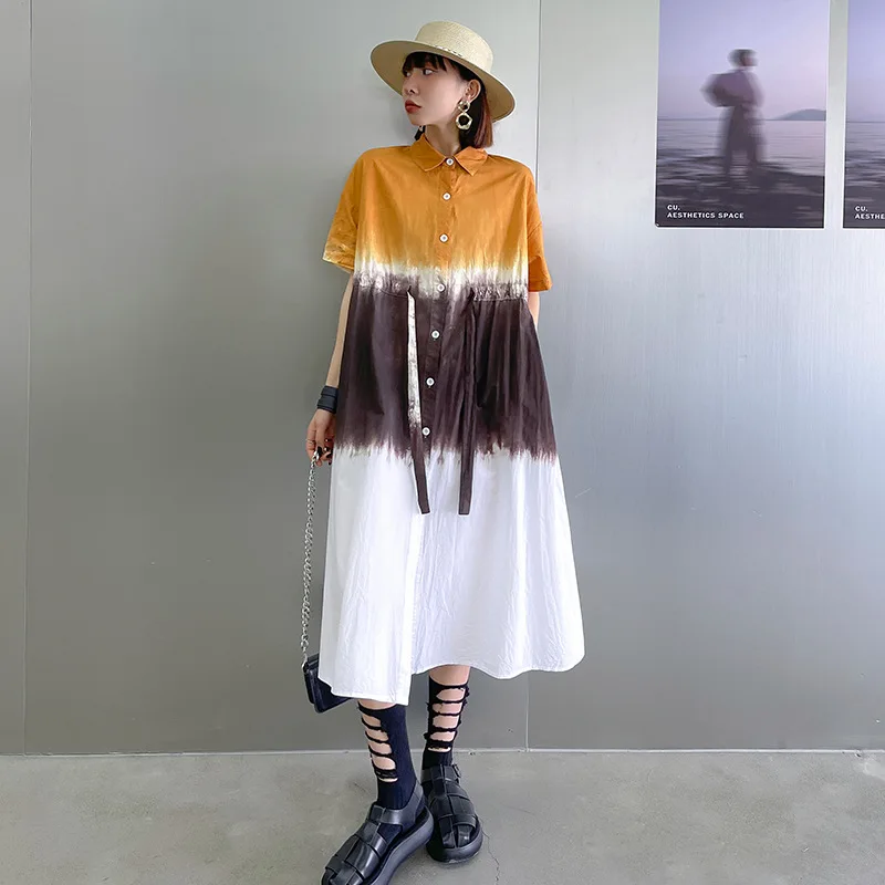 

Tie-dye oil painting sense dress lady summer short sleeve shirt skirt straight tube loose waist show thin medium long skirt