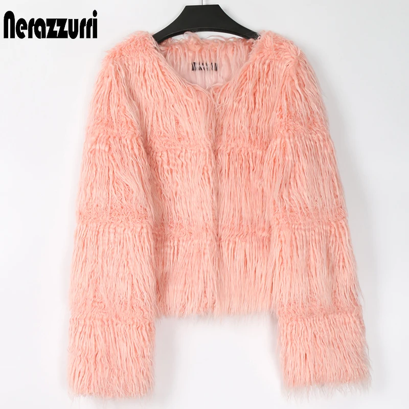 Nerazzurri Winter Short Pink Shaggy Warm Soft Fluffy Faux Fur Jacket Women Long Sleeve Fake Mongolian Lamb Fur Coat Fashion 2022