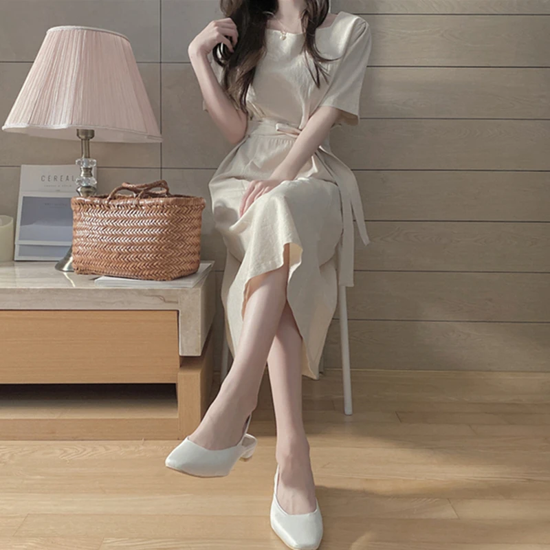 

2021 New Women's Summer Dresses Casual Square Collar High Waist Solid Vintage Fashionable Lace Up Elegant Lady Long Dress DR5307