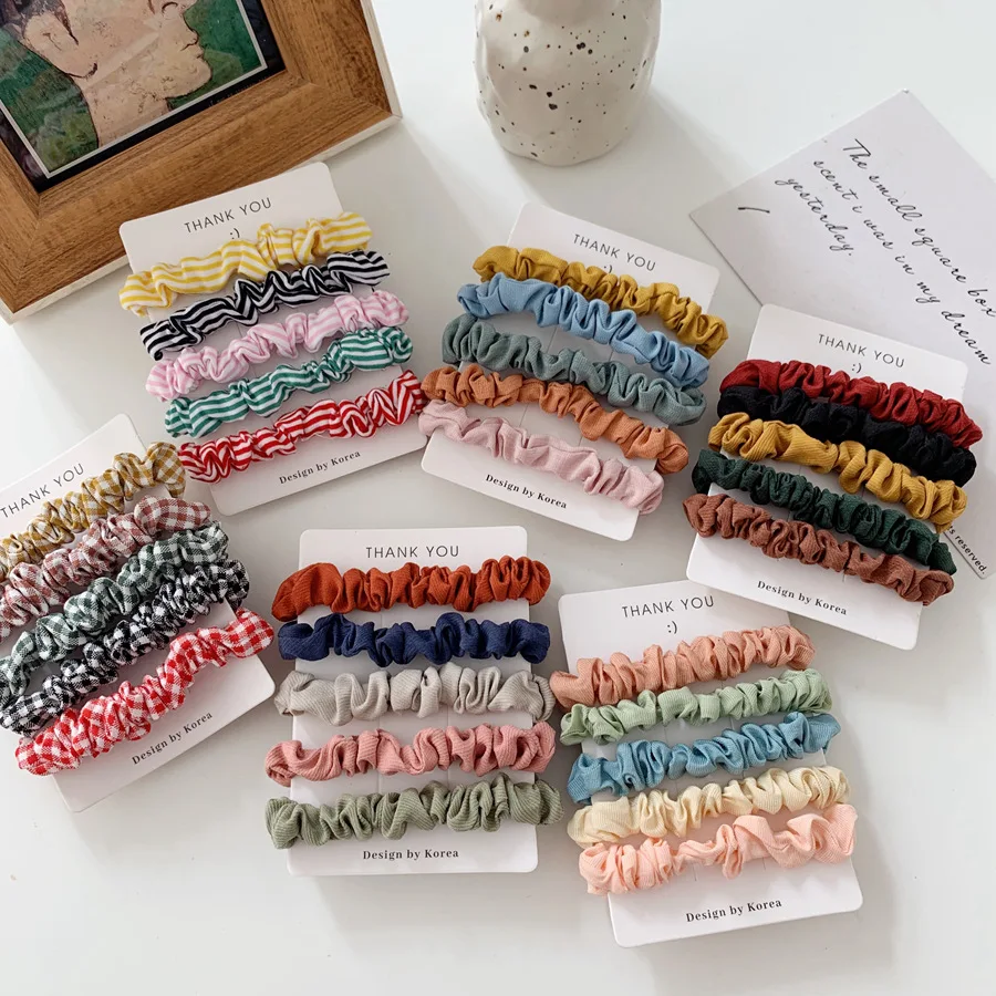 

5pcs/lot Wholesale Scrunchy Pack Colorful Elastic Rubber Bands Rainbow Cotton Cloth Hairbands Plaid Macaron Schrunchie