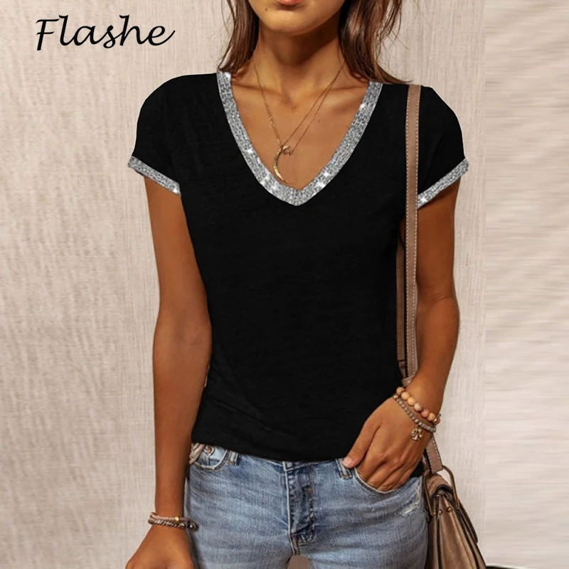 Футболка женская с V-образным вырезом Повседневная Свободная рубашка в стиле