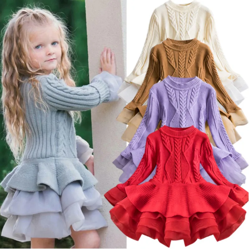 

Autumn Winter Knitted Chiffon Sweater Girls Puffed Princess Dress Children Kids Dresses for Girls Christmas New Year Clothing