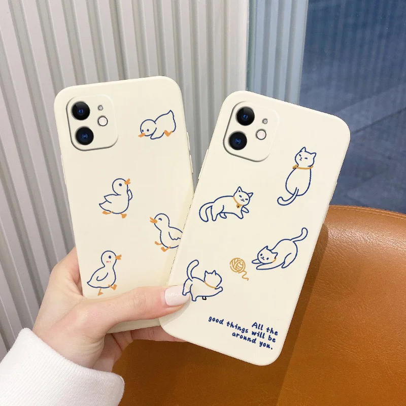 Happy Cat And Duck Phone Case For iPhone 12 13 Pro Max 11 X XS  XR XSMAX SE2020 8 8Plus 7 7Plus 6 6S Plus Silicone Cover