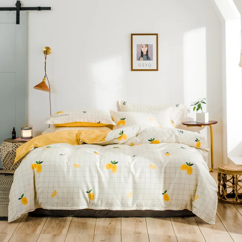 Комплект постельного белья из 4 предметов с желтым лимонным принтом 100% хлопка