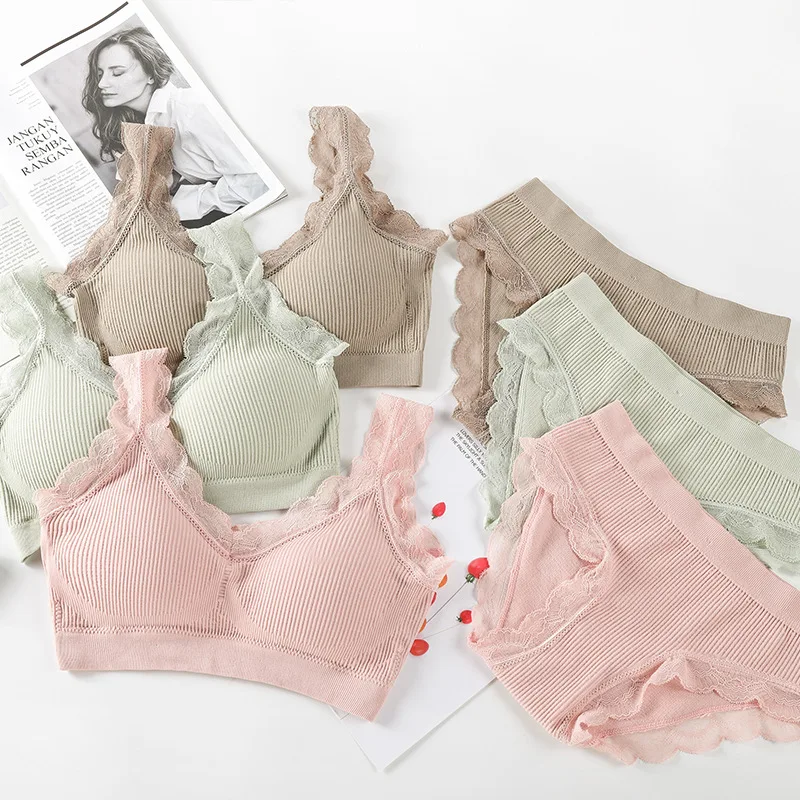 

Sexy Lace Lingerie Set Padded Bra Set Without Steel Ring Solid Women's Underwear Brassiere Comfortable Fitness Crop Top