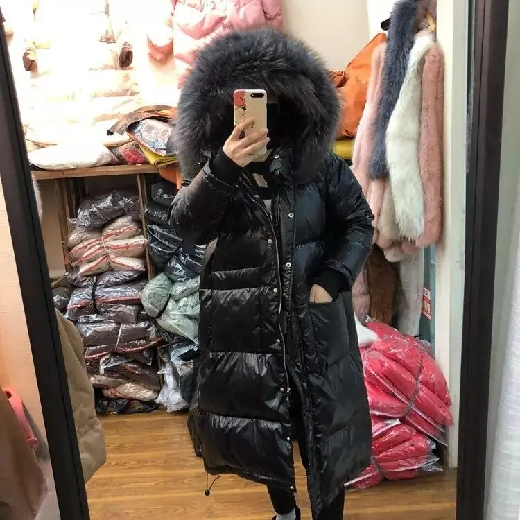 Большой натуральный мех енота зимний женский пуховик длинное плотное теплое пальто белый пуховик женский плюс размер пальто