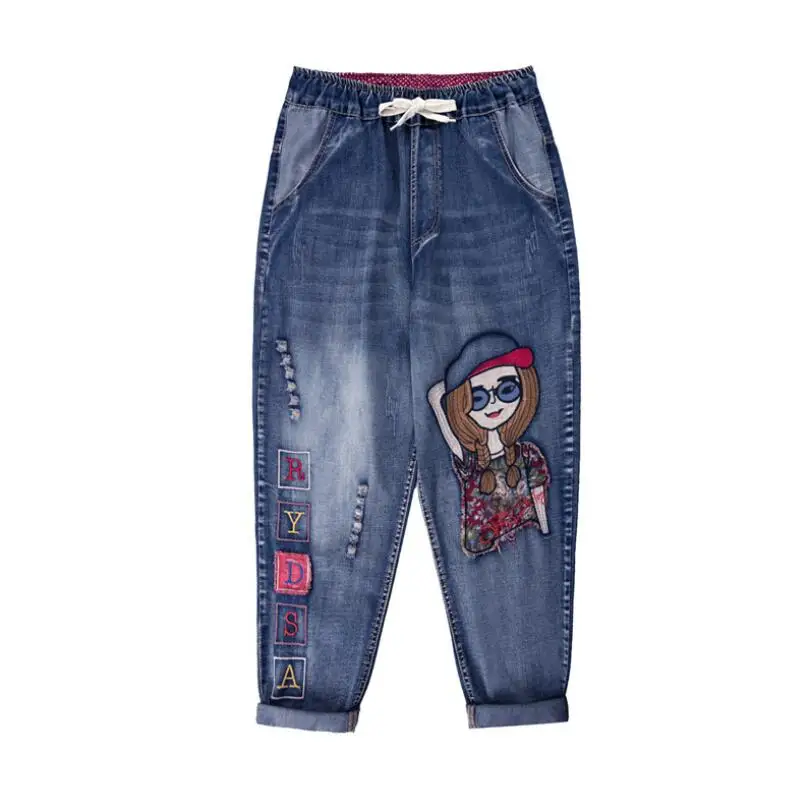 

Cartoon Gril Embroidery Jeans Women Spring Elastic Waist Letter Patchwork High Waist Denim Harem Pants Lady Casual Pants p2383