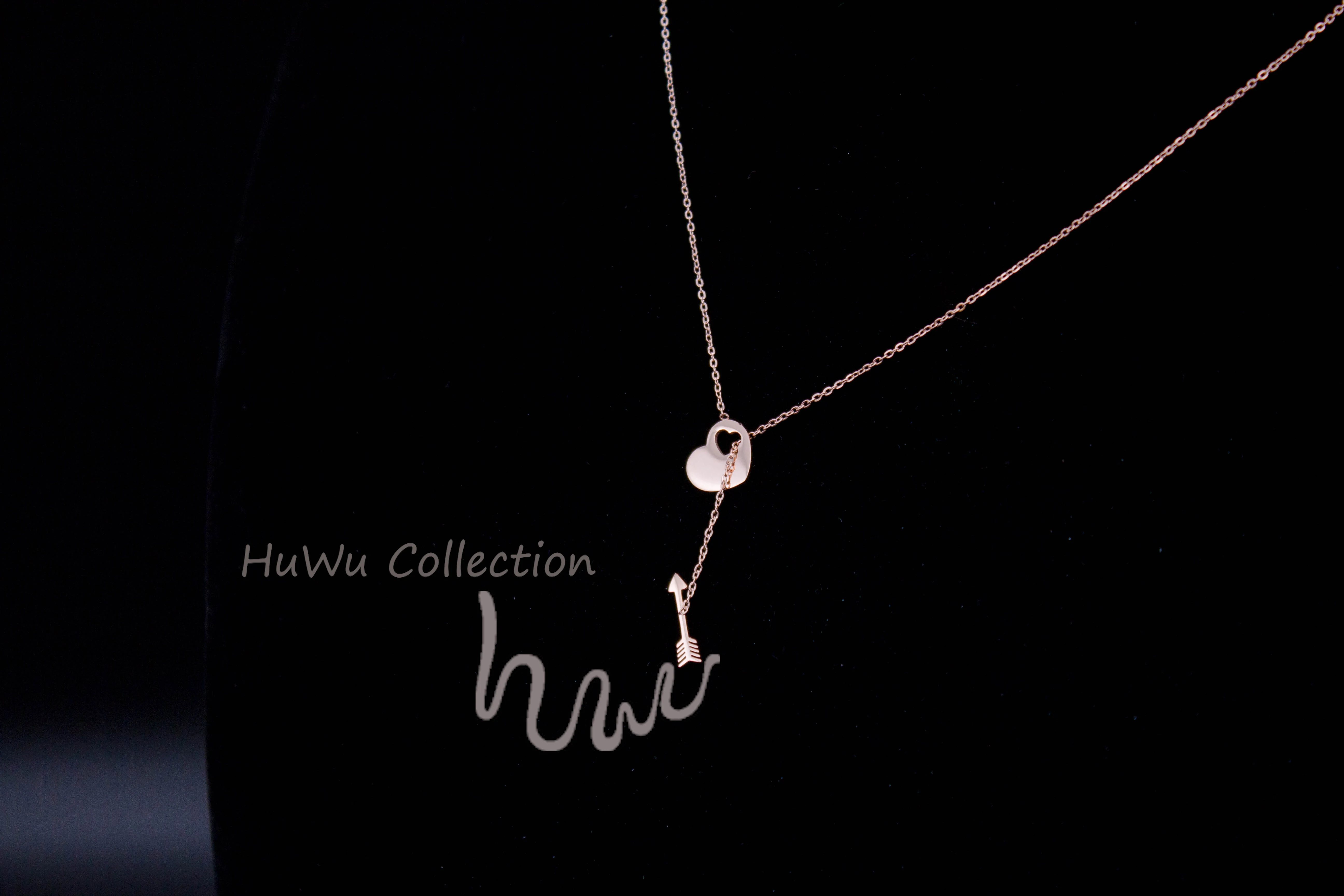 Arrow and Heart Double Pendants Women's Adorable Necklace Anti-Allergy Stainless Steel Covered by Rose Gold