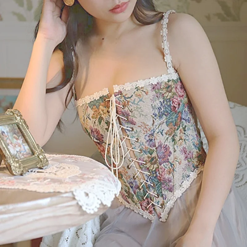 

Floral Beach Party Sexy Bustiers Crop Women Backless Bandage French Vintage Halter Top Korean Boho Lace with Corset 2021 Summer