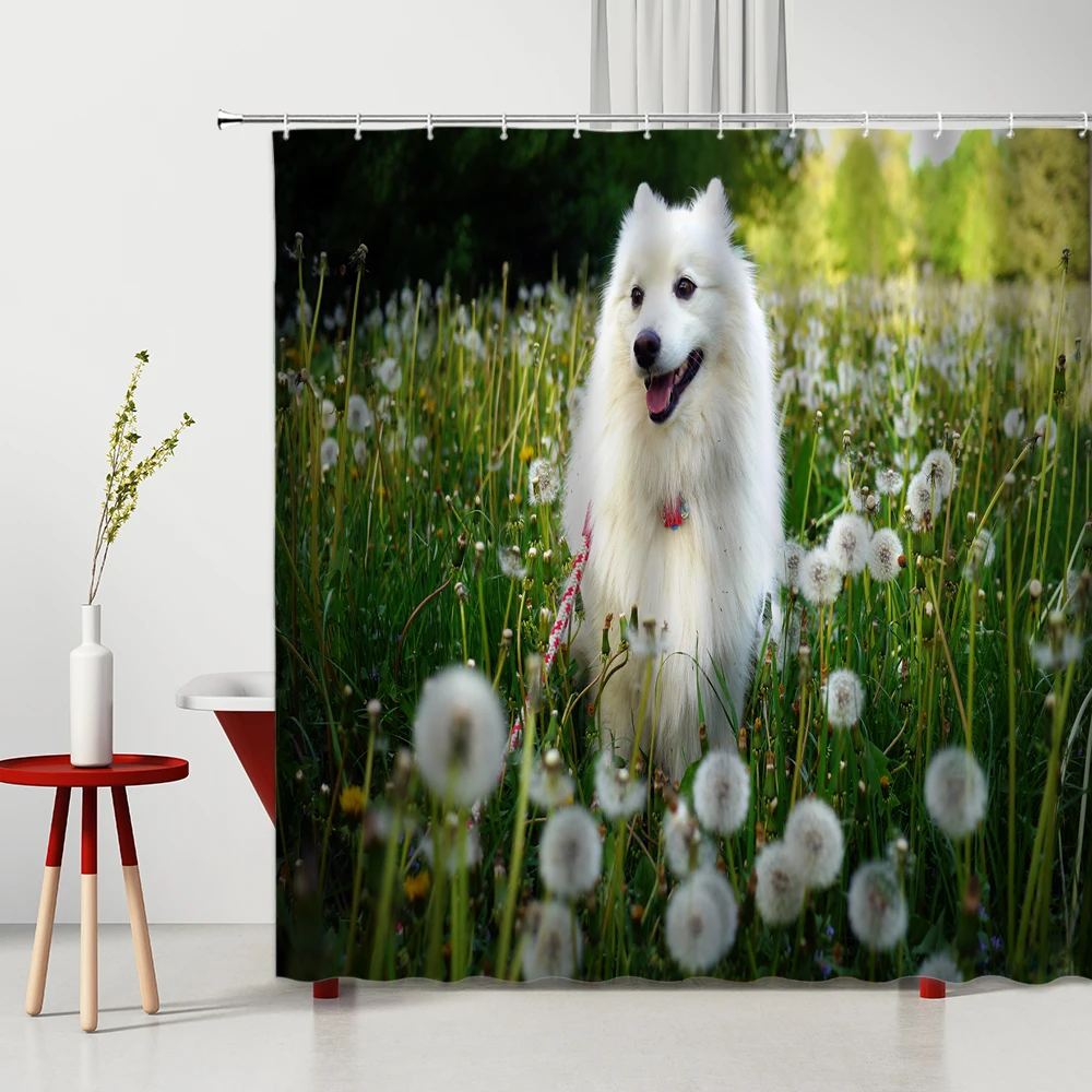 

Cute White Cat Shower Curtain 3D Funny Animal Dog Pattern Washable Bathroom Decor Set Plant Dandelion Bath Curtains With Hooks