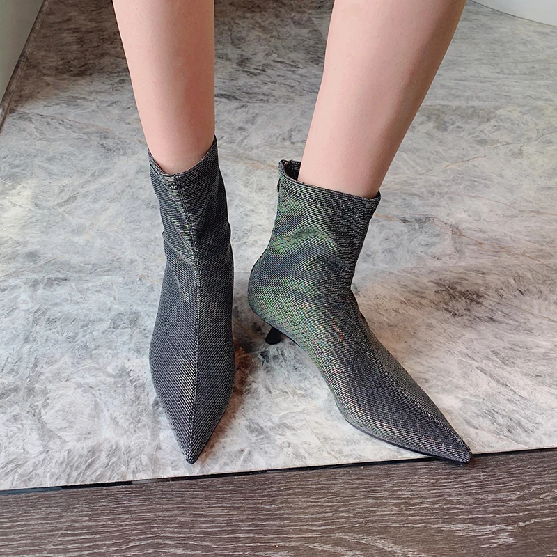 

Sock Booties for Women Pointed Toe Stretch Boots Black Gray Beige Thin Mid Heels Back Zipper Fashion Spring/Autumn Short Boots