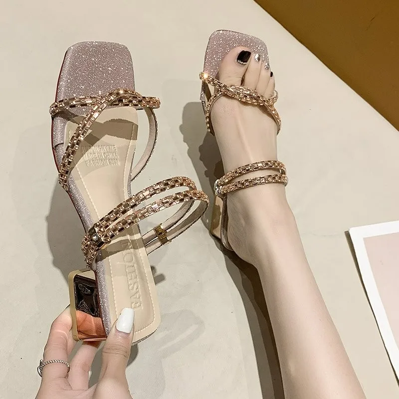 

Summer New Fashion Slippers Sequins Low Heel Comfortable Versatile Small Square Sandals Slippers Two Wear