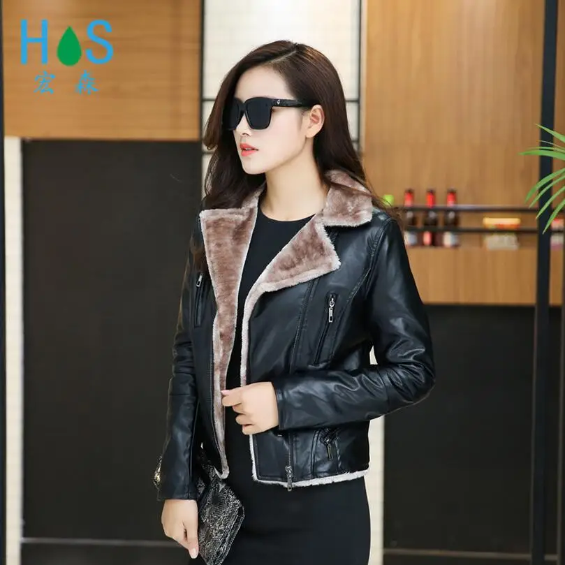

Winter Autumn And Korean Slim Short Paragraph Large Size Women Clothing Motorcycle Pu Leather Jacket Plus Velvet Coat / M-5xl