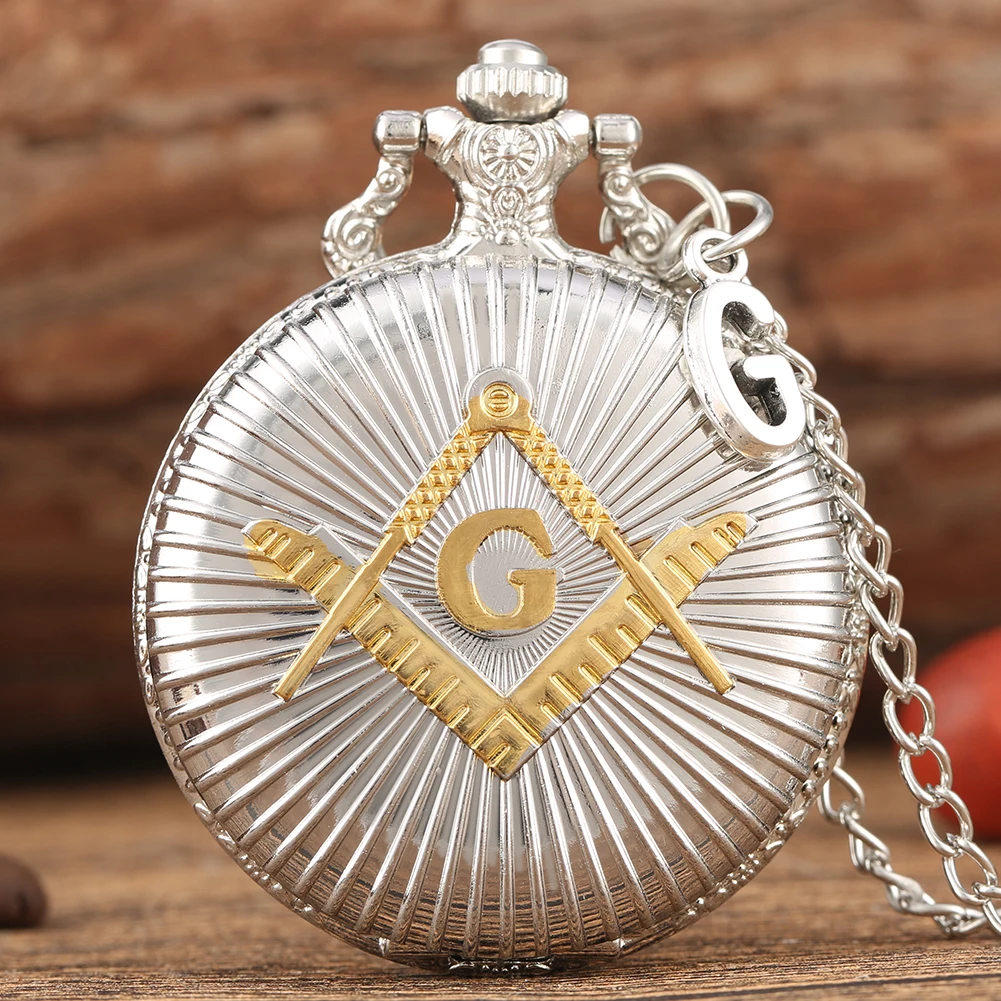 

Luxury Silver Masonic Freemasonry Theme Alloy Quartz Pocket Watch Freemason Pendant Hour Clock Necklace Chain with G Accessory