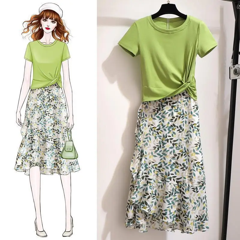 

New Two Piece Set Women Casual O-Neck T Shirt & Chiffon Skirt Set Fashion Flower Print Office Set Elegance Skinny Ropa Femenina
